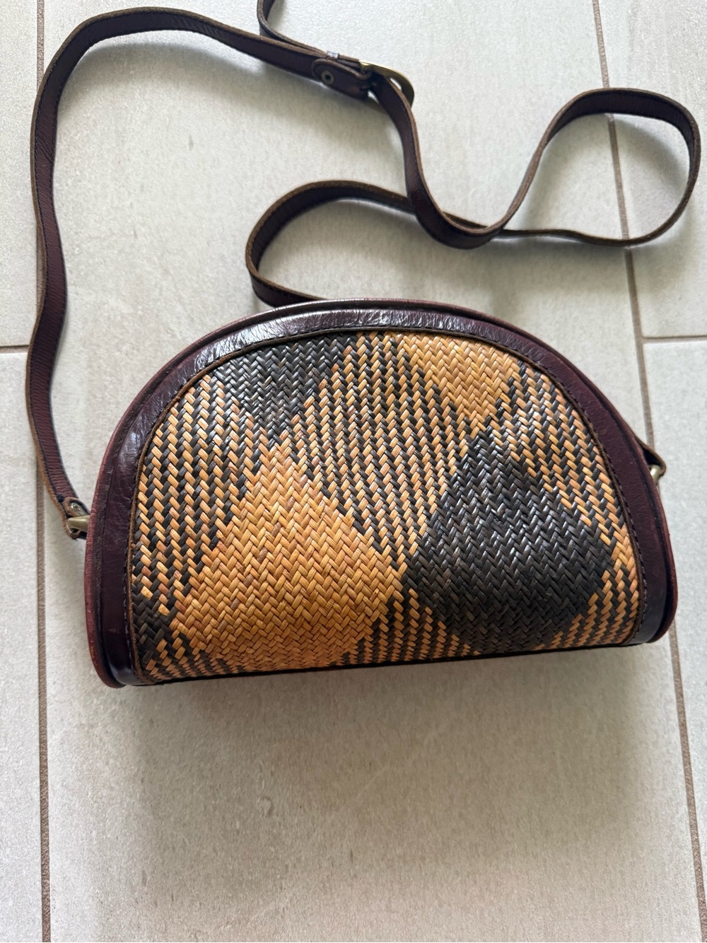 Rattan & Leather Brown Woven Geometric Boho Crossbody Bag